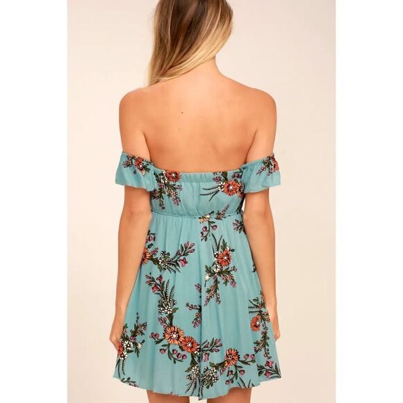 NWT🏷️Lulu's One Sweet Day Light Blue Floral Print Off-the-Shoulder Dress - Picture 3 of 10